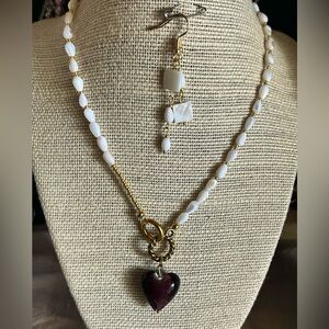Gold and White Pearl Necklace with Heart Pendant